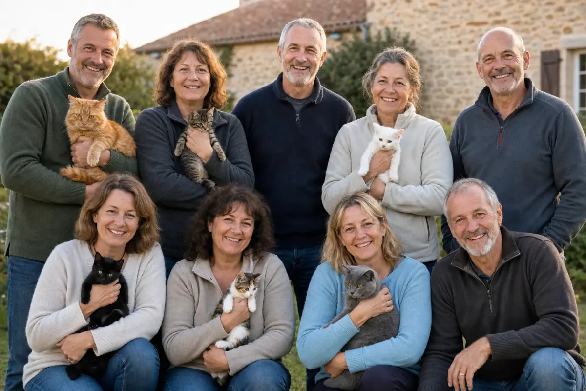 Groupe de bénévoles avec chats et chatons