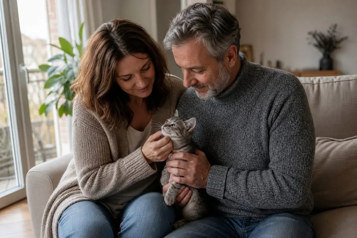 Chat soigné dans les bras, en famille d'accueil